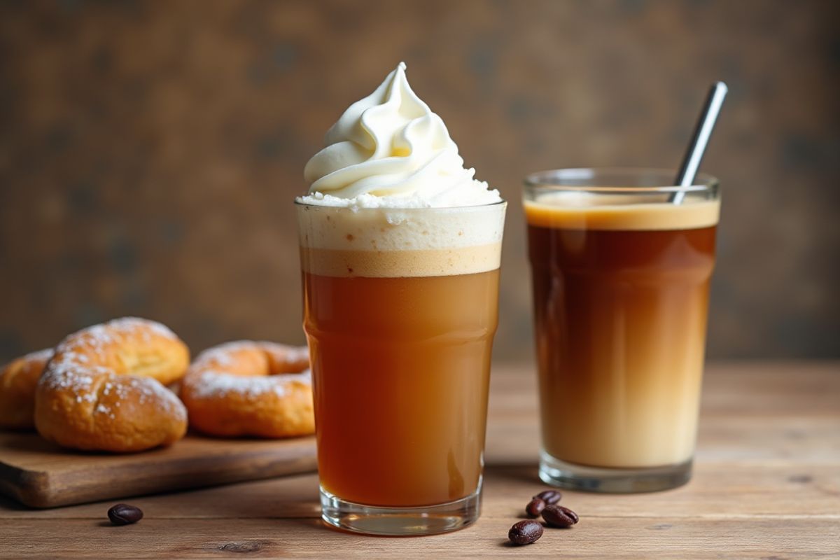 A cold brew float with vanilla ice cream or cold brew coffee next to pastries