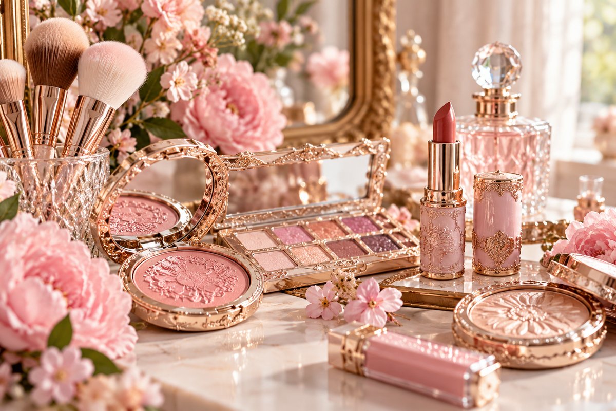 Whimsical Flower Knows-inspired cosmetics arranged in ornate pastel packaging