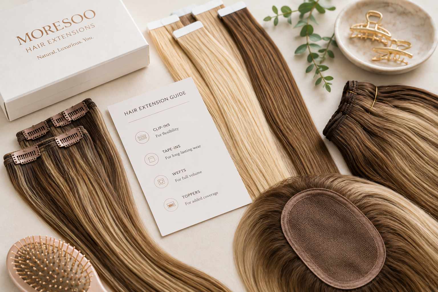 Moresoo hair extensions including clip-ins, tape-ins, wefts and a hair topper
