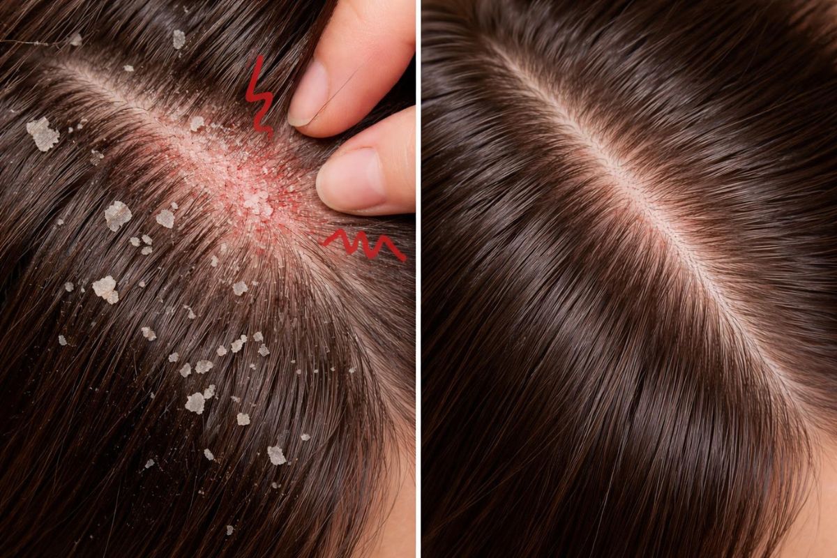 Split ImageLeft:Dry flaky scalpItchiness illustrationRight:Healthy hydrated scalpSmooth hair roots