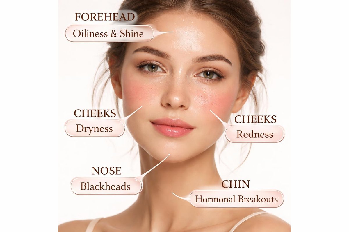 A beautifully designed editorial infographic: FOREHEAD Oiliness & ShineCHEEKS CHEEKSDryness Redness NOSE Blackheads CHIN Hormonal Breakouts