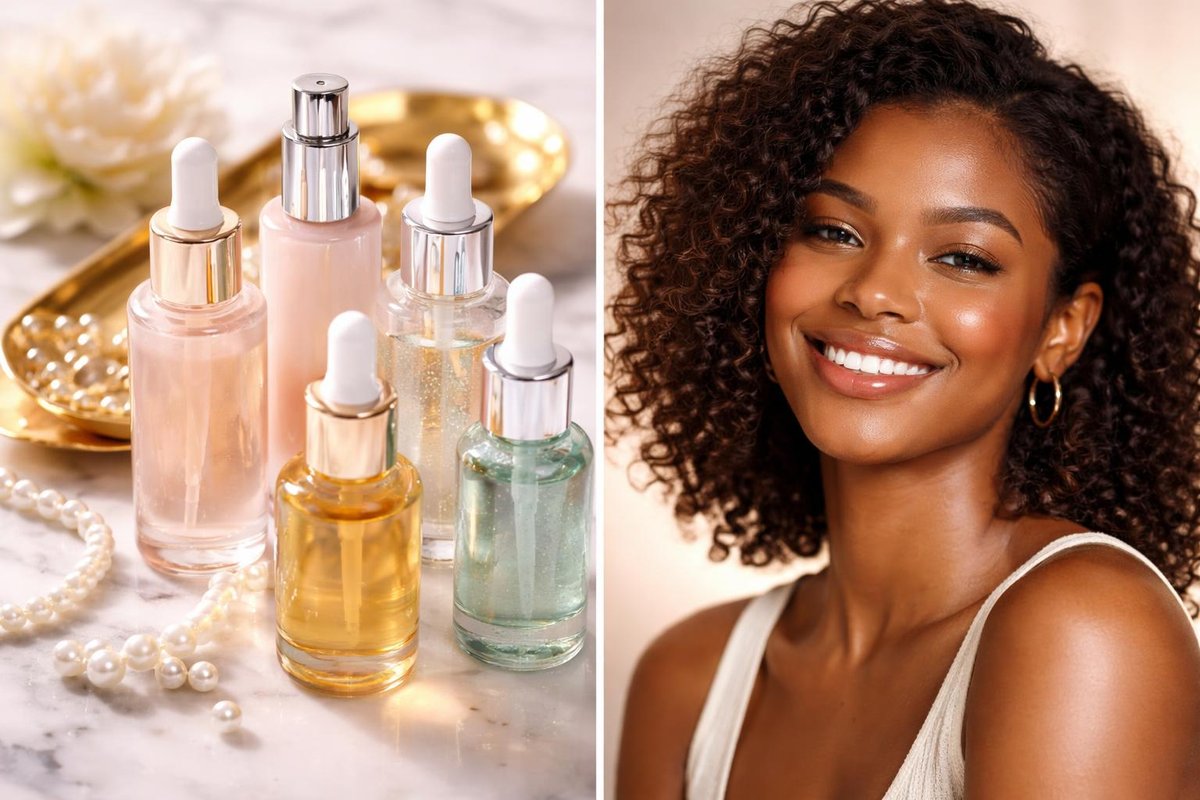 Discover-Friendly VisualSplit ScreenLeft:Luxury skincare bottlesSerumsBeauty productsRight:Genuine confident smile