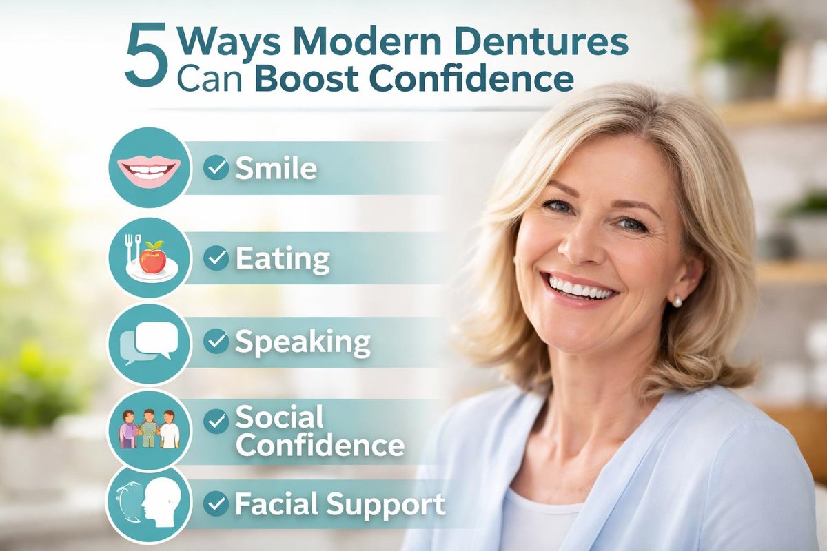 5 Ways Modern Dentures Can Boost ConfidenceInclude icons for:✅ Smile✅ Eating✅ Speaking✅ Social confidence✅ Facial support