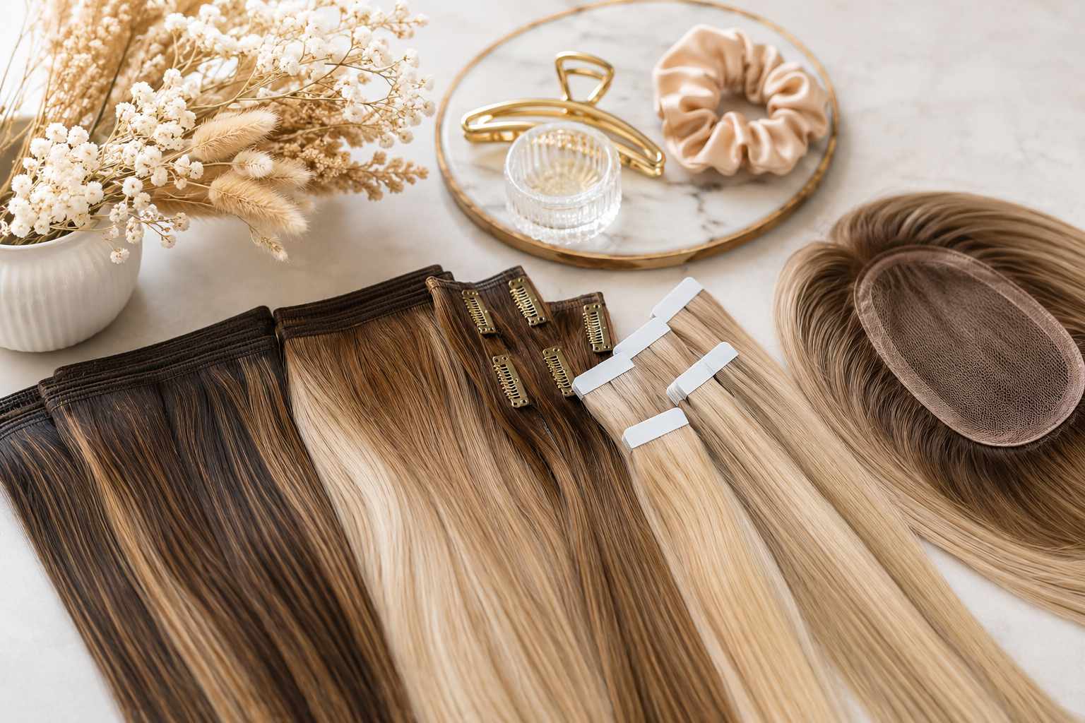 Different types of hair extensions including clip-ins, tape-ins, wefts and hair toppers