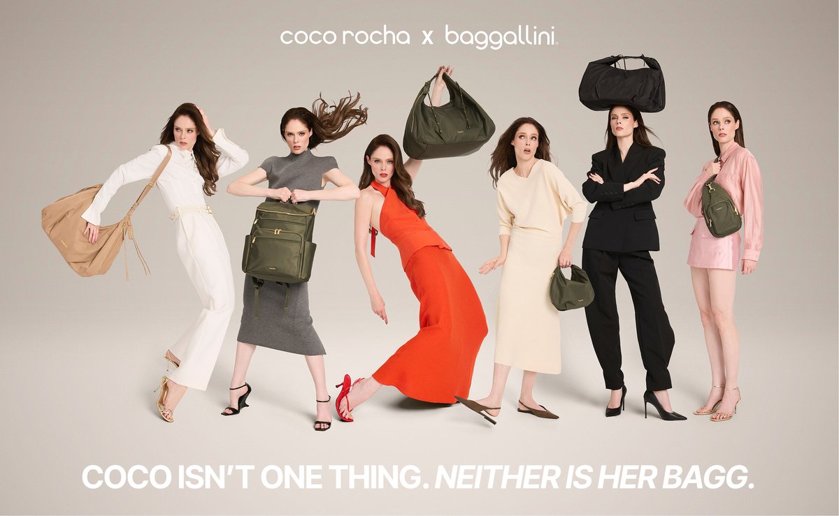 Coco Rocha modelling the limited-edition Baggallini bag collection
