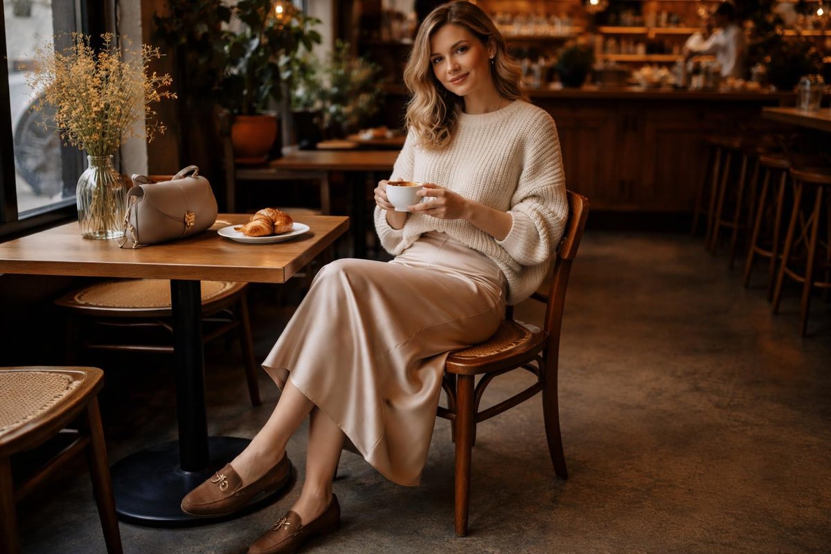 Cream chunky jumperChampagne satin midi skirtBrown suede loafersCoffee shop setting