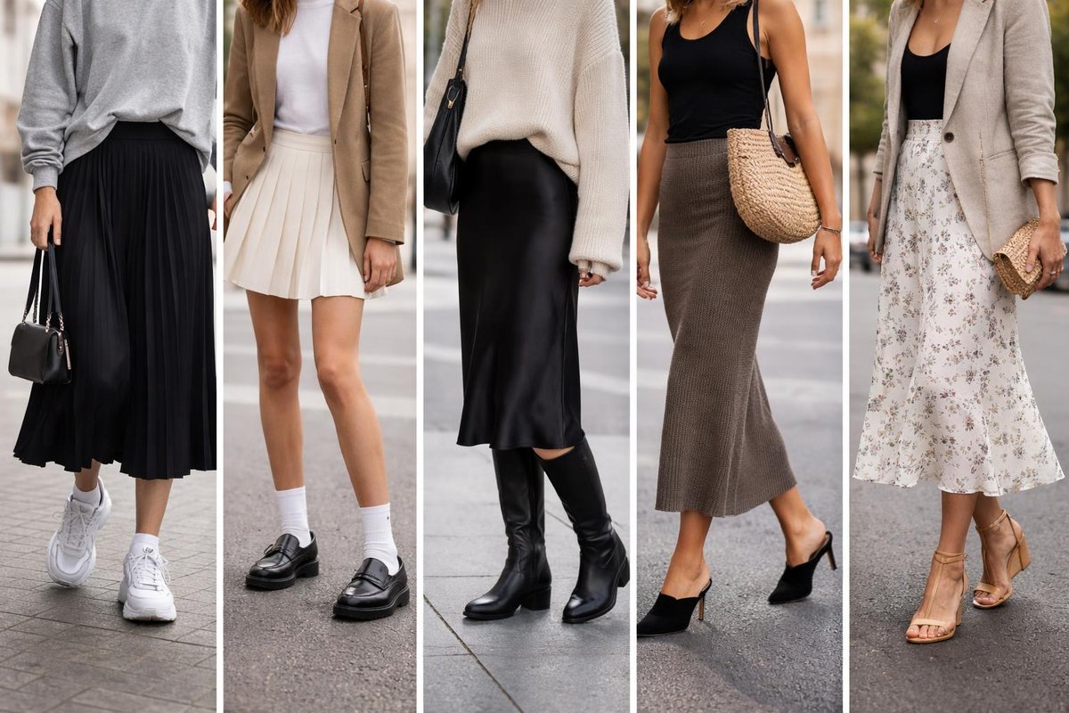 Carousel SlidesSneakers + skirtLoafers + skirtBoots + skirtMule + skirtStrappy sandal + skirt