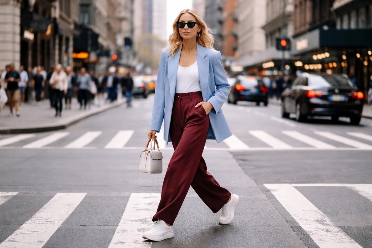Fashion-week attendee crossing a city street wearing:Powder blue blazerBurgundy trousersWhite sneakers
