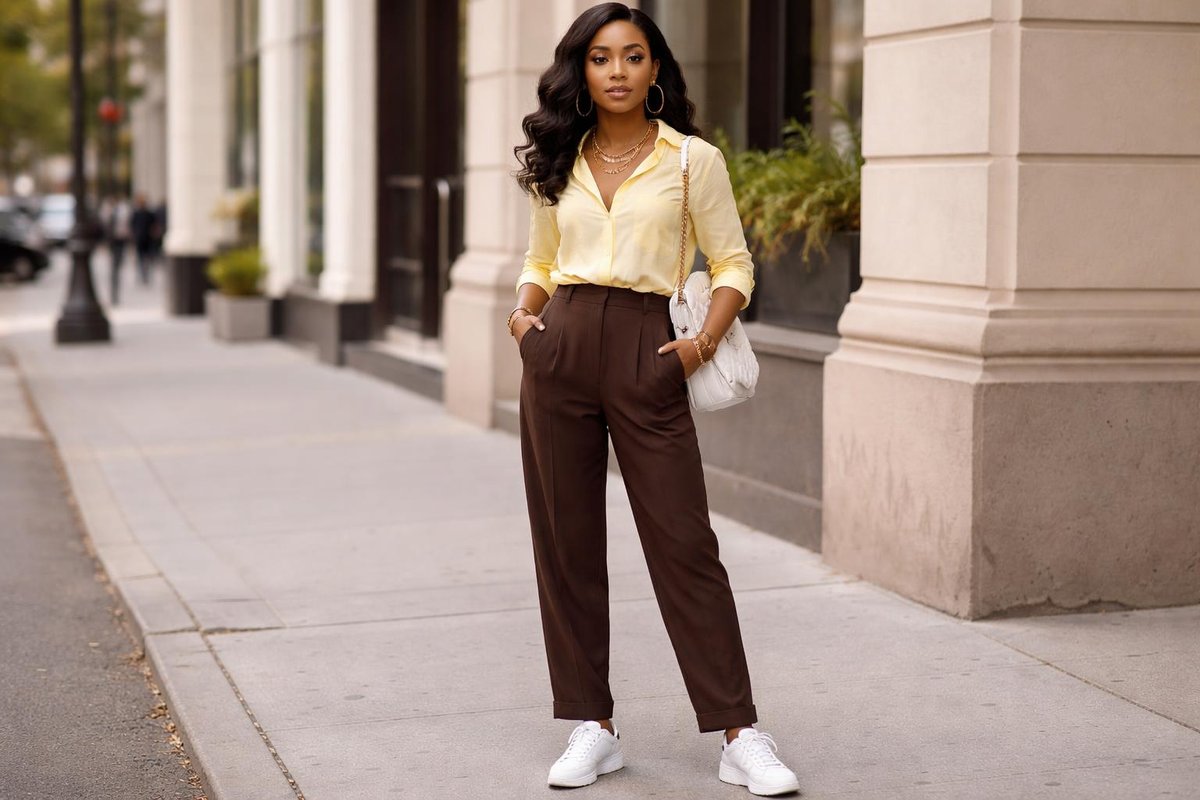 BUTTER YELLOW SHIRT ↓ CHOCOLATE TROUSERS ↓ GOLD JEWELLERY ↓ WHITE SNEAKERSResult: ✓ Office Ready ✓ Weekend Ready
