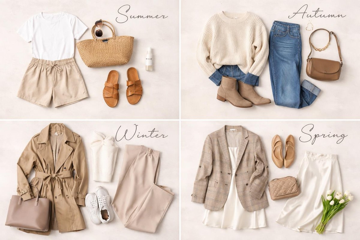 Best Performing Image4-Season Outfit GridSummer AutumnWhite tee + shorts Knit + denimWinter SpringTrench + trousers Blazer + midi skirt