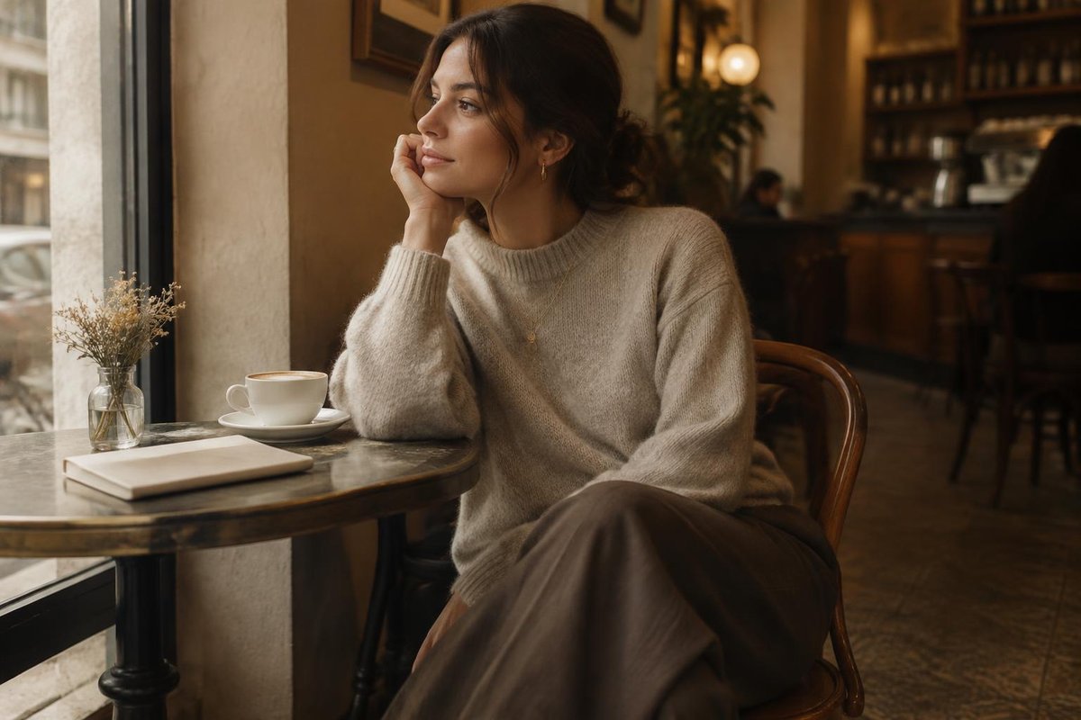 Woman sitting at a café wearing:Merino wool knitRelaxed pantMinimal jewelleryWarm, editorial aesthetic.