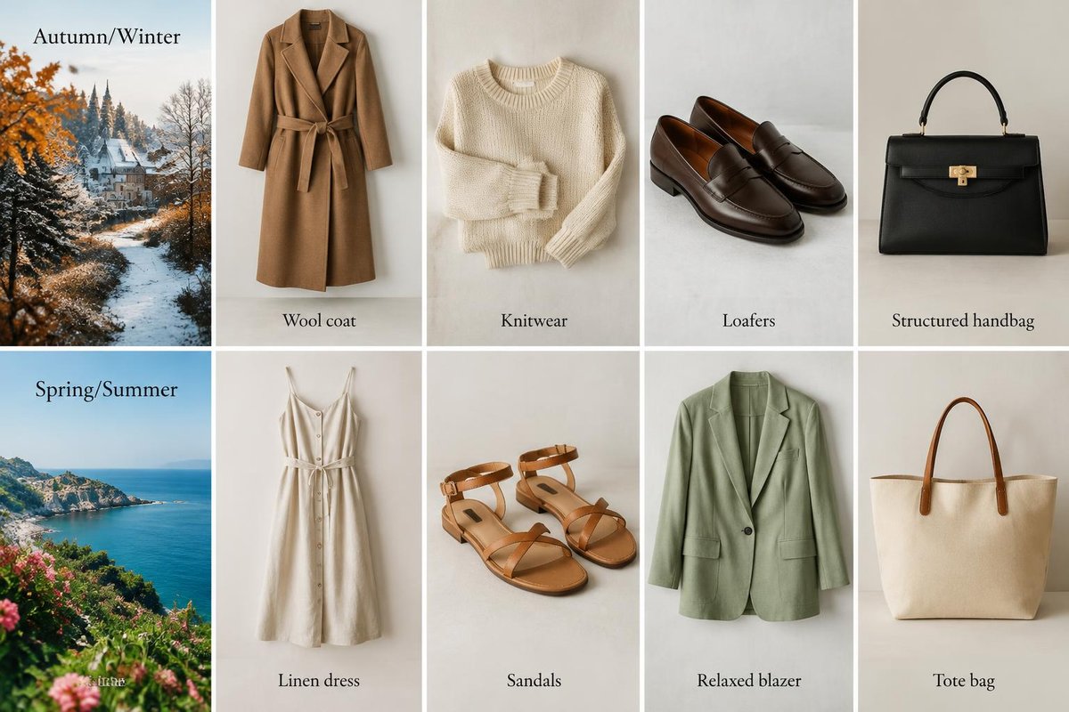 Grid layout showing:Autumn/WinterWool coatKnitwearLoafersStructured handbagSpring/SummerLinen dressSandalsRelaxed blazerTote bag