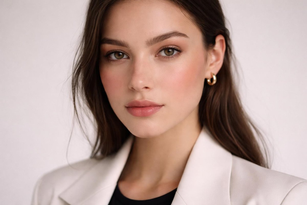 Close-up beauty portrait featuring:Clean skinSoft-matte finishNatural browsDiffused blushNo obvious highlighterModern fashion styling