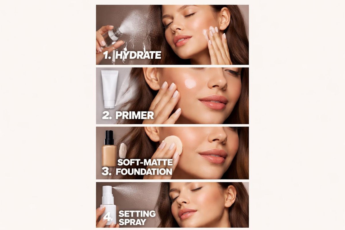 4-step vertical infographicHydratePrimerSoft-Matte FoundationSetting Spray