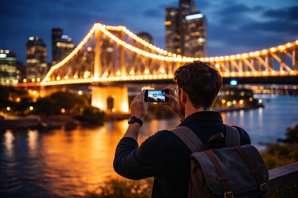 Person Photographing Story BridgeSmartphone or mirrorless cameraStory Bridge illuminatedCreative composition