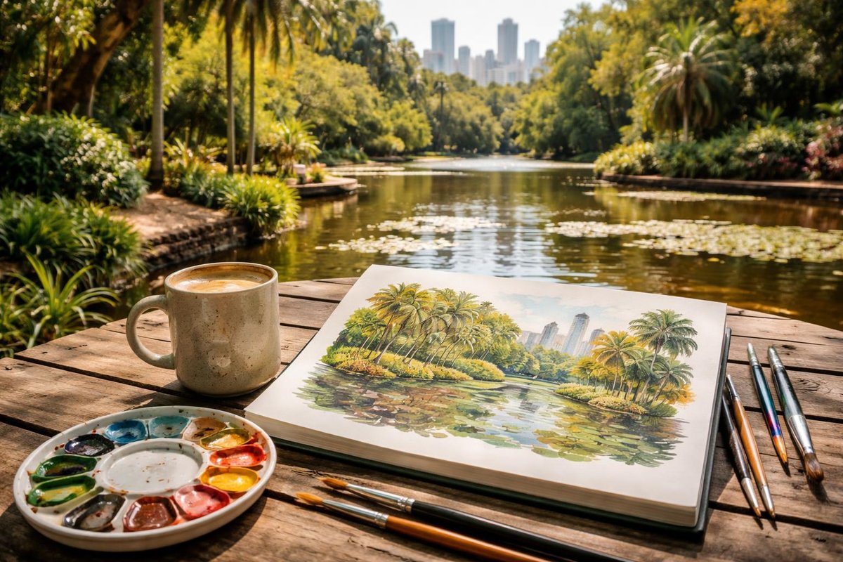 Weekend Creative RitualWatercolour painting outdoorsCoffee beside sketchbookBrisbane Botanic Gardens backdrop