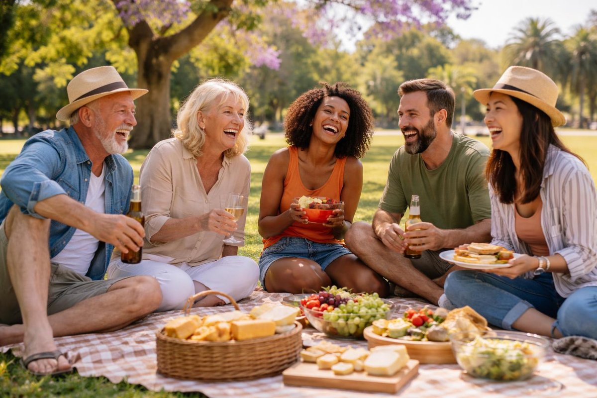 Friends at New Farm Park PicnicSmall groupRelaxed casual settingDiverse age rangeNatural candid laughter