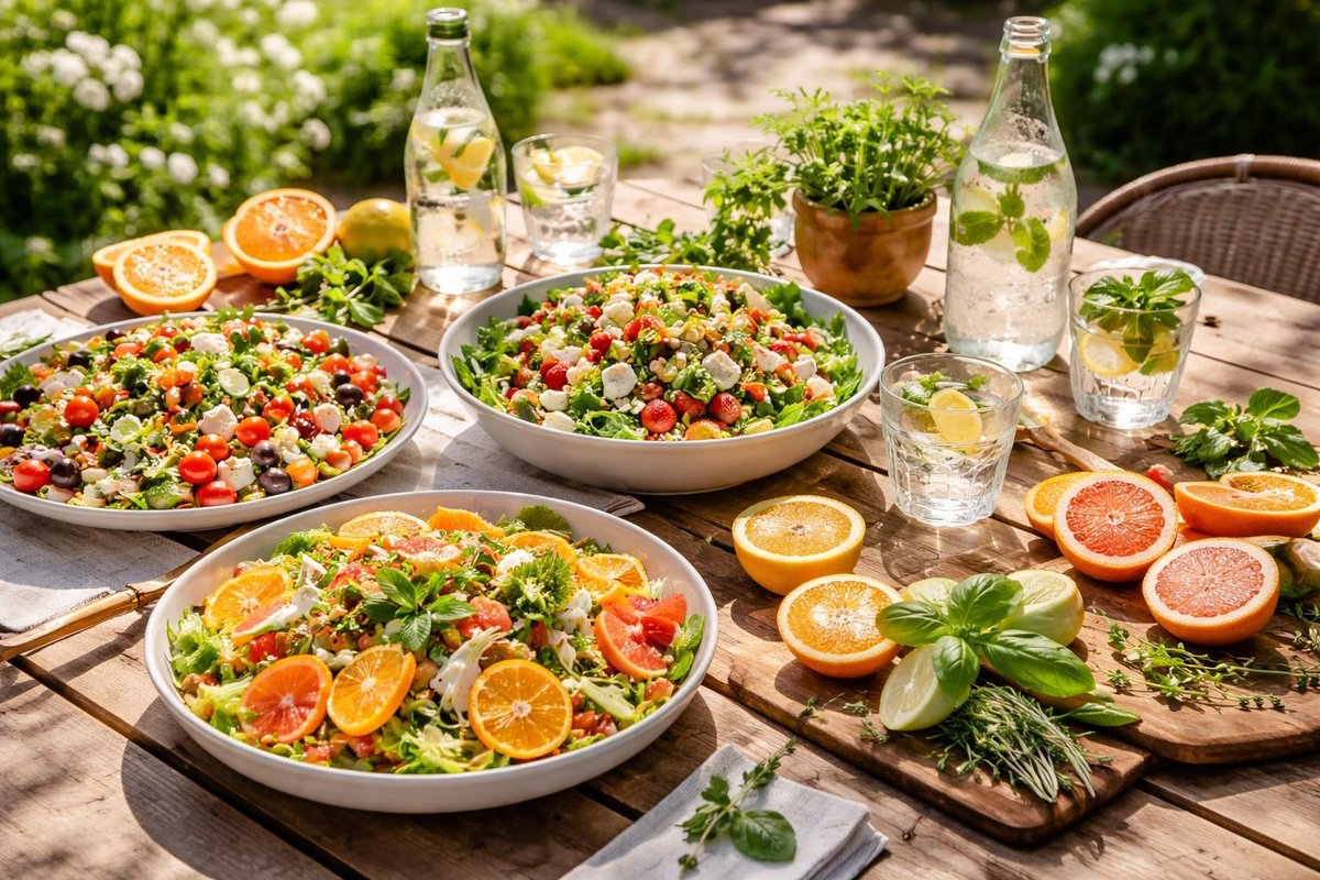 Outdoor Australian spring lunch.Visuals:Fresh saladsCitrus fruitsHerbsSparkling waterNatural timber tableSunshine