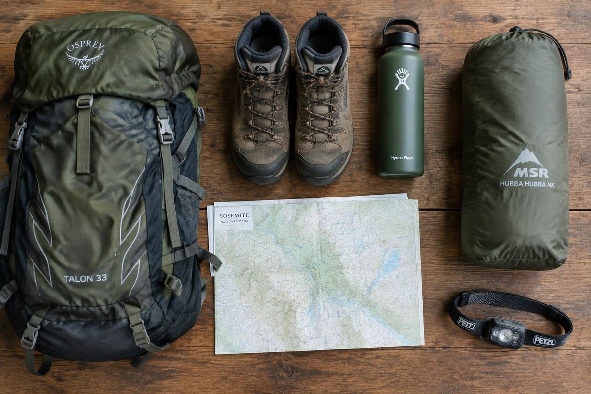 Flat-lay weekend adventure gear on a wooden table:BackpackHiking bootsReusable water bottleMapTentHeadlamp