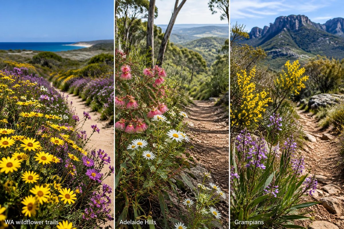 Australian wildflowers framing a walking trail.Locations:WA wildflower trailsAdelaide HillsGrampians