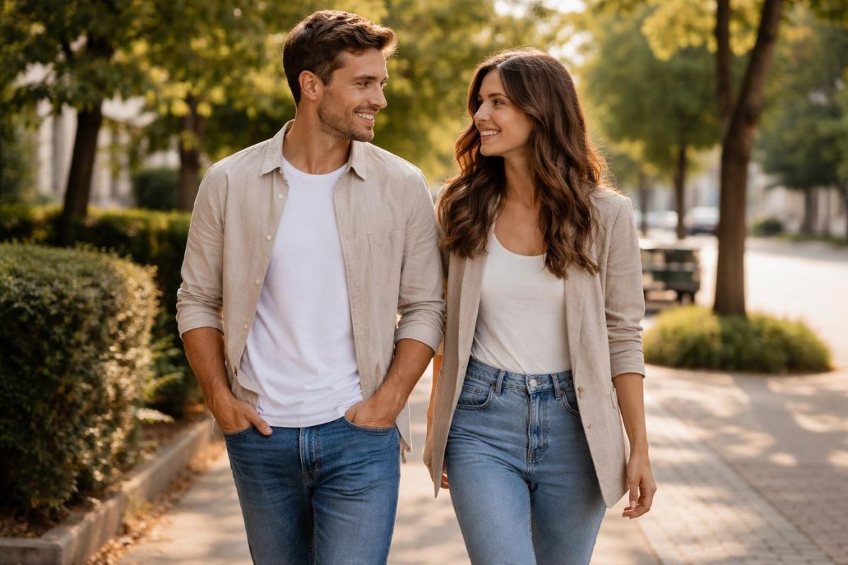 Couple walking side-by-side rather than embracing.