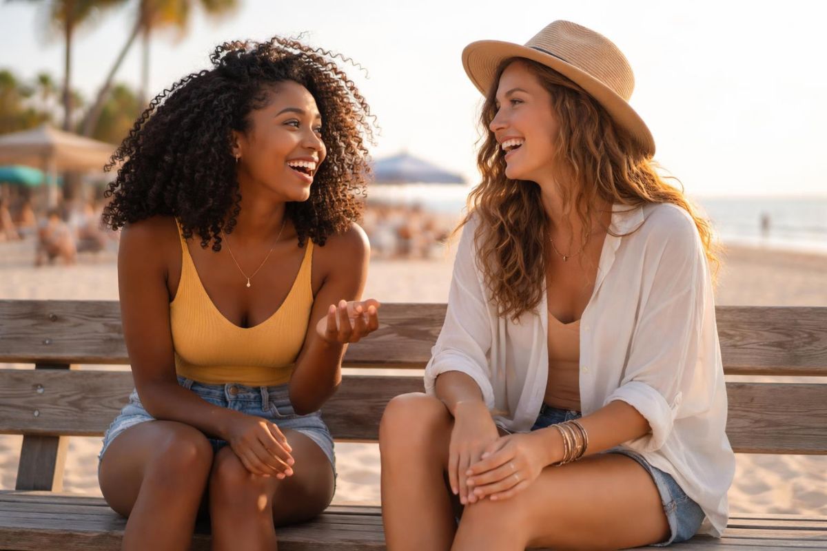 Two friends sitting on a beach or park bench having a genuine conversation.