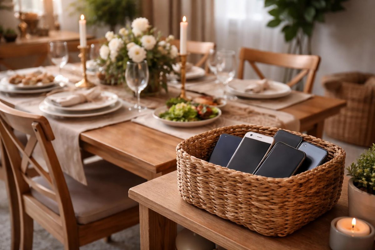 A beautifully styled dining room table with phones placed in a basket away from the table.