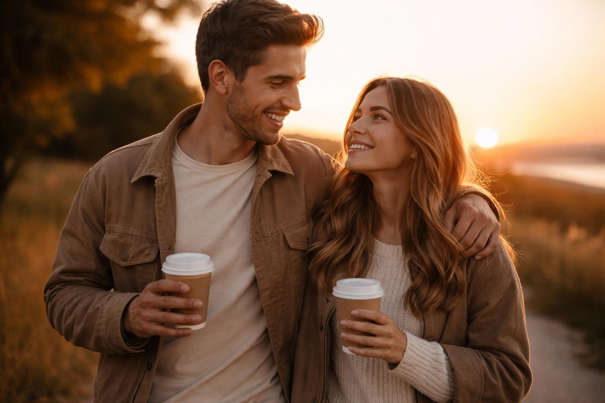 Couple walking at sunset holding coffee cups, no devices visible.