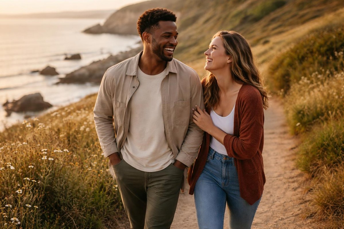 Two people walking along a coastal path while talking and laughing.No phones.No distractions.Just connection.