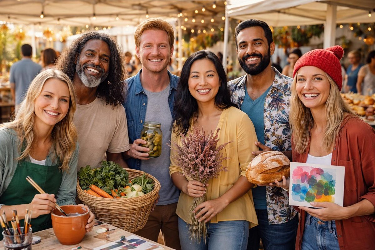 Group of diverse Australian singles at a community event, hobby class or weekend market.
