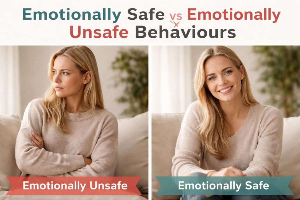 Split-image comparison.Left side:Closed postureLooking awayArms crossedRight side:Relaxed postureEye contactOpen facial expressionTitle on graphic:Emotionally Safe vs Emotionally Unsafe BehavioursThese comparison graphics perform exceptionally well on Pinterest and can generate saves.