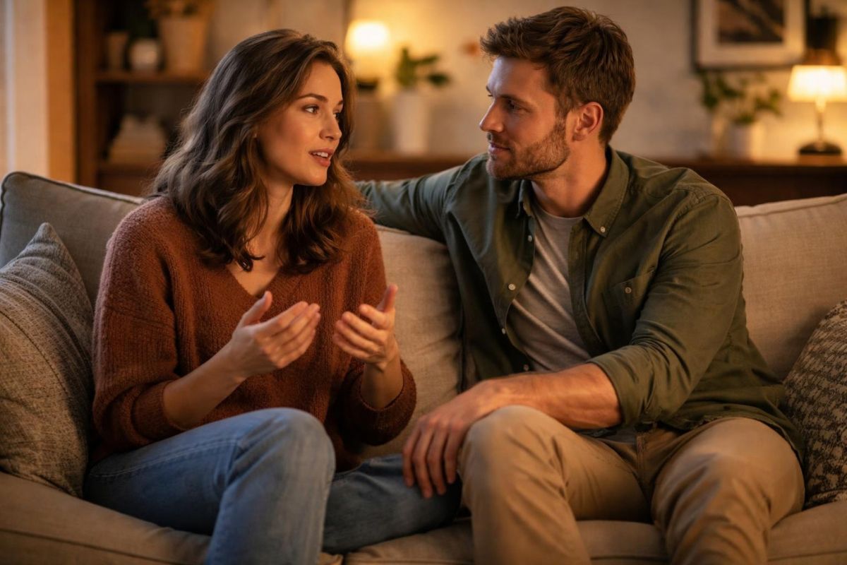 One partner sharing something personal while the other listens without interruption.Visual cues:Warm lightingOpen body languageNo phones visibleComfortable settingThis reinforces vulnerability and trust.